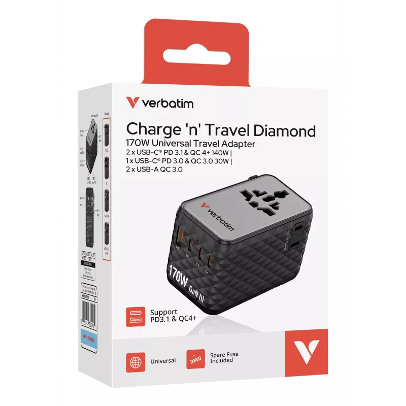 Verbatim Charge 'n' Travel 170W universāls ceļojuma adapteris, melns