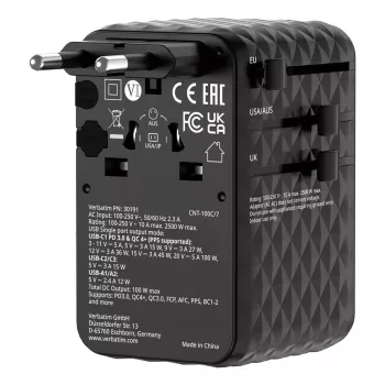 Verbatim Charge 'n' Travel 100W universāls ceļojumu adapteris ar ievelkamu kabeli, melns