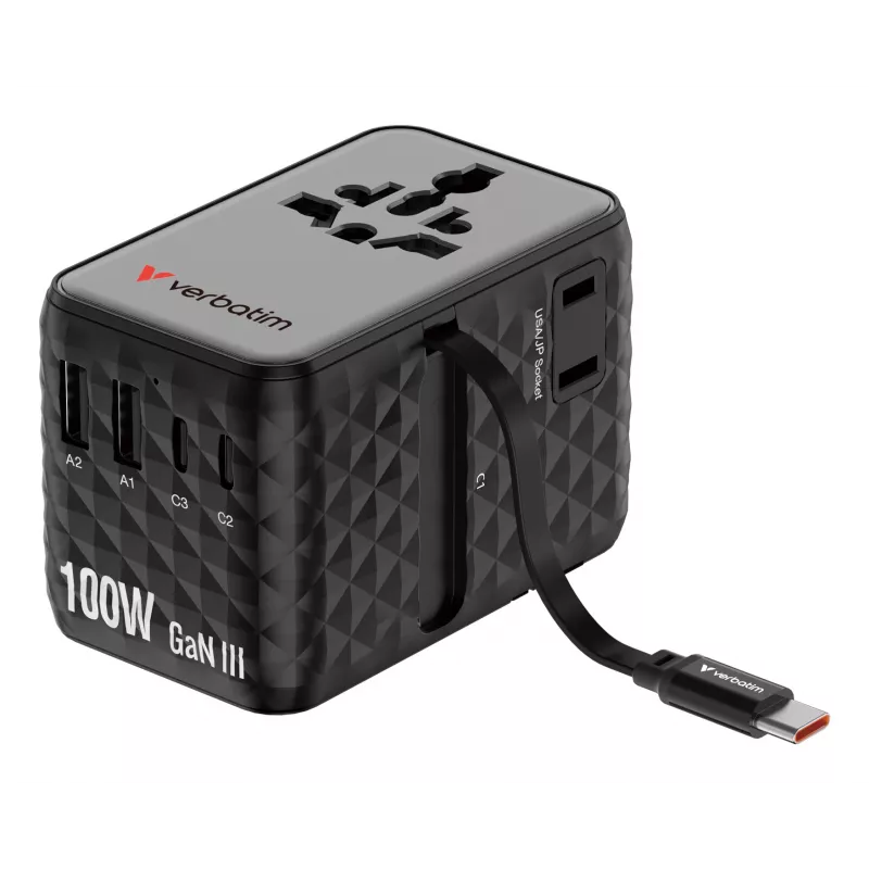Verbatim Charge 'n' Travel 100W universāls ceļojumu adapteris ar ievelkamu kabeli, melns