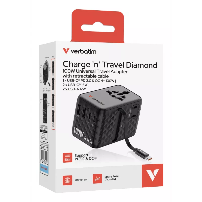 Verbatim Charge 'n' Travel 100W universāls ceļojumu adapteris ar ievelkamu kabeli, melns