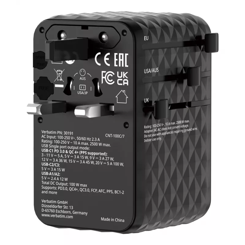 Verbatim Charge 'n' Travel 100W universāls ceļojumu adapteris ar ievelkamu kabeli, melns