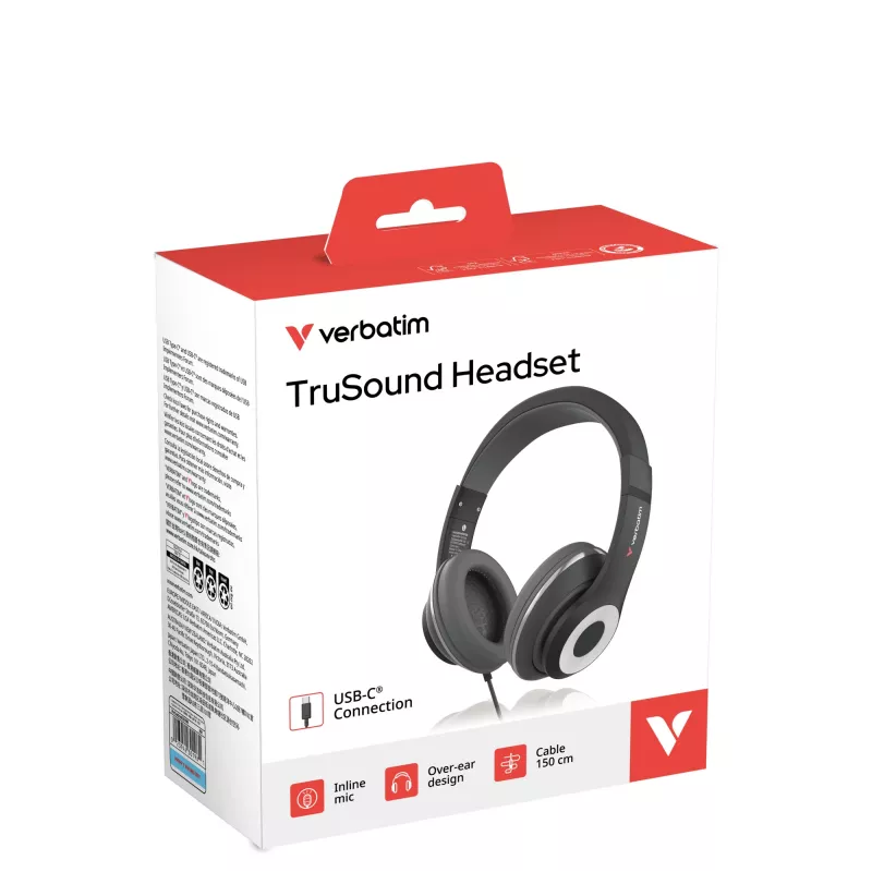 Verbatim TruSound USB-C austiņas, vadu, Mūzika/Ikdiena, 20 - 20000 Hz, 200.9 g, Austiņas, Melnas