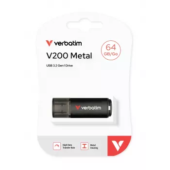 Verbatim V200 metāla USB atmiņas disks 64 GB, 64 GB, USB A tipa, 3.2 Gen 1 (3.1 Gen 1), 200 MB/s, ar vāciņu, Melns
