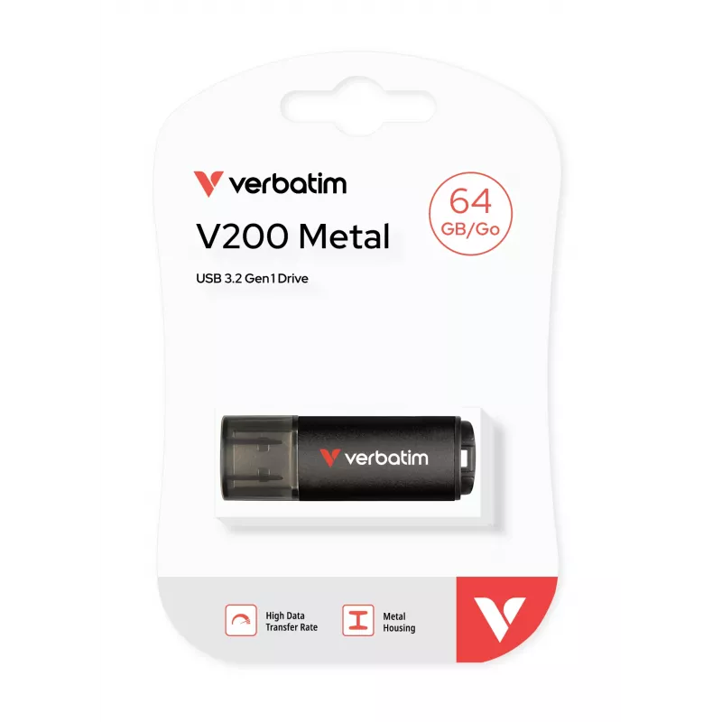 Verbatim V200 metāla USB atmiņas disks 64 GB, 64 GB, USB A tipa, 3.2 Gen 1 (3.1 Gen 1), 200 MB/s, ar vāciņu, Melns
