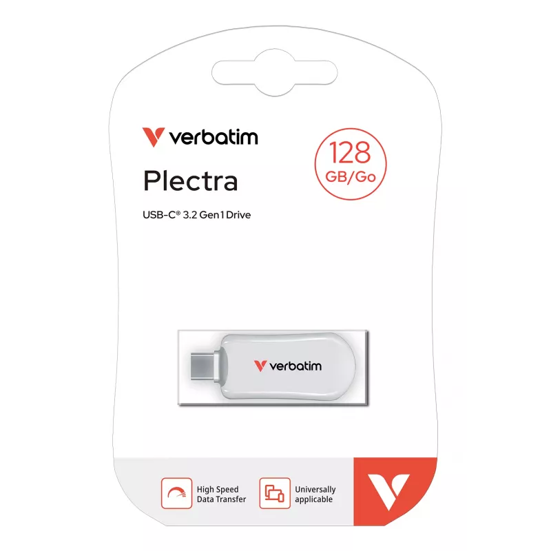 Verbatim Plectra USB-C zibatmiņa, balta, 128GB, 128 GB, USB Type-C, 3.2 Gen 1 (3.1 Gen 1), 100 MB/s, bez vāciņa, balta
