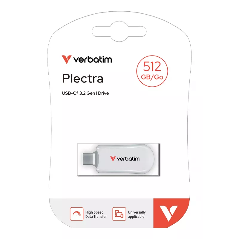 Verbatim Plectra USB-C zibatmiņa, balta, 512 GB, 512 GB, USB Type-C, 3.2 Gen 1 (3.1 Gen 1), 100 MB/s, bez vāciņa, balta