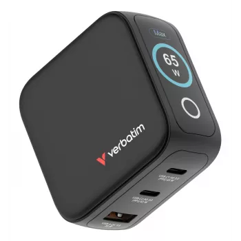 Verbatim Mini GaN lādētājs 65W ar Displeju, iekštelpās, maiņstrāva, 20 V, melns