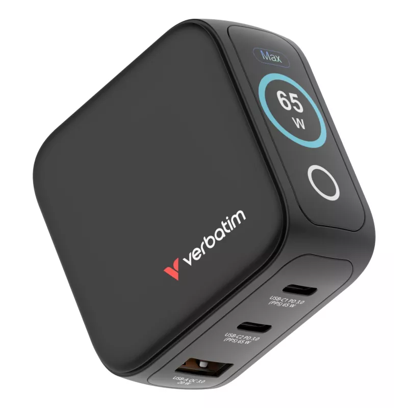 Verbatim Mini GaN lādētājs 65W ar Displeju, iekštelpās, maiņstrāva, 20 V, melns