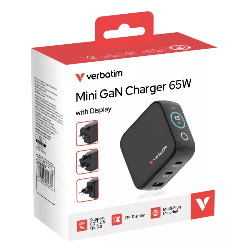 Verbatim Mini GaN lādētājs 65W ar Displeju, iekštelpās, maiņstrāva, 20 V, melns