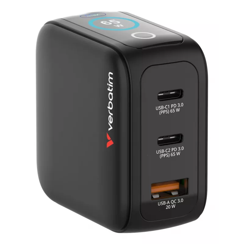 Verbatim Mini GaN lādētājs 65W ar Displeju, iekštelpās, maiņstrāva, 20 V, melns