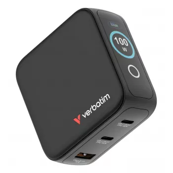 Verbatim Mini GaN lādētājs 100W ar displeju, iekštelpām, maiņstrāva, 20 V, melns