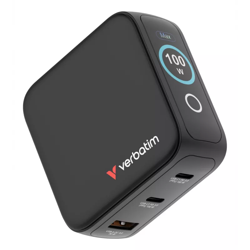 Verbatim Mini GaN lādētājs 100W ar displeju, iekštelpām, maiņstrāva, 20 V, melns