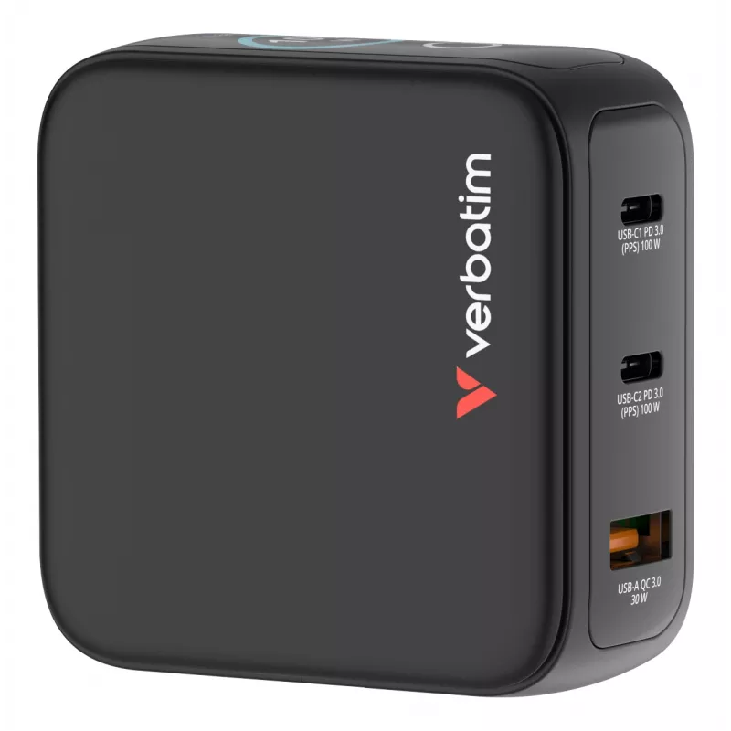 Verbatim Mini GaN lādētājs 100W ar displeju, iekštelpām, maiņstrāva, 20 V, melns