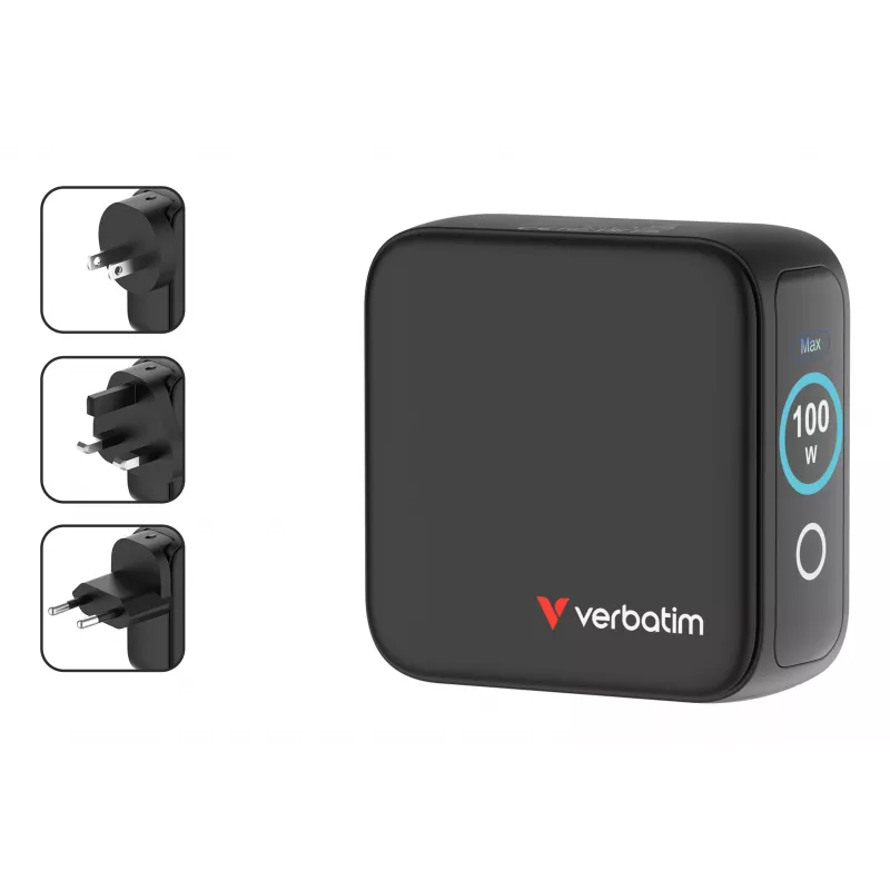 Verbatim Mini GaN lādētājs 100W ar displeju, iekštelpām, maiņstrāva, 20 V, melns