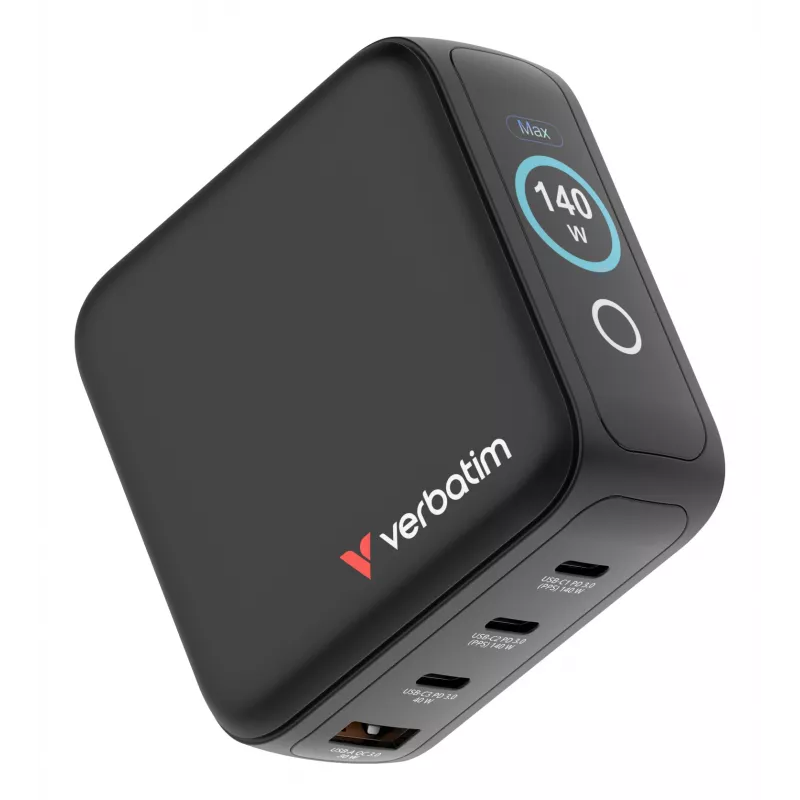 Verbatim Mini GaN lādētājs 140W ar displeju, iekštelpām, maiņstrāva, 28 V, melns