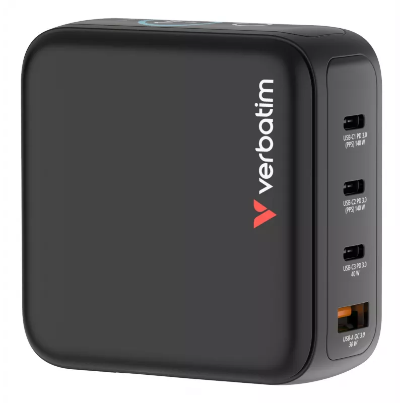 Verbatim Mini GaN lādētājs 140W ar displeju, iekštelpām, maiņstrāva, 28 V, melns