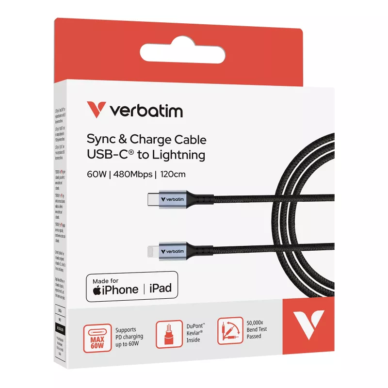 Verbatim Sync & Charge kabelis USB-C uz Lightning 120 cm, 1.2 m, Lightning, USB C, vīrišķais, vīrišķais, melns