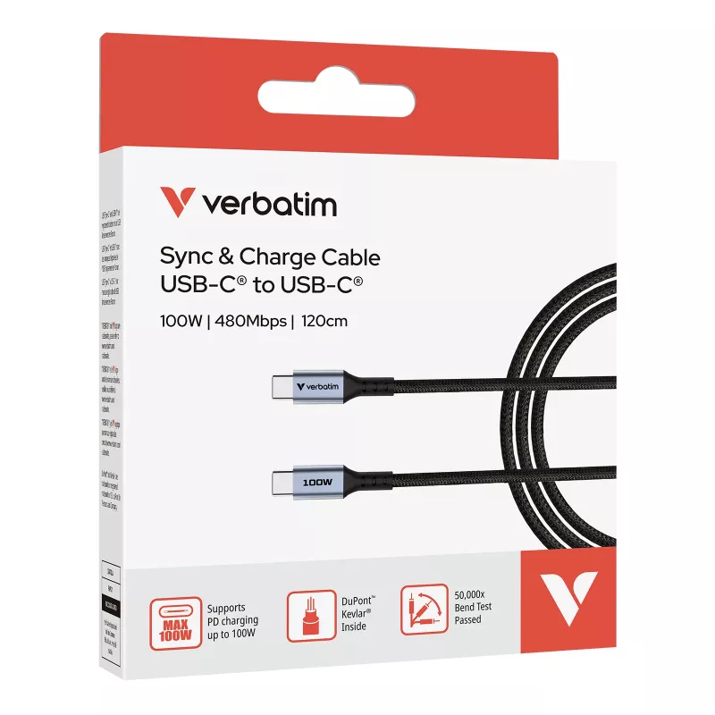 Verbatim Sync & Charge kabelis - 100W USB-C uz USB-C 120 cm, 1,2 m, USB C, USB C, USB 2.0, 0,48 Gbit/s, melns