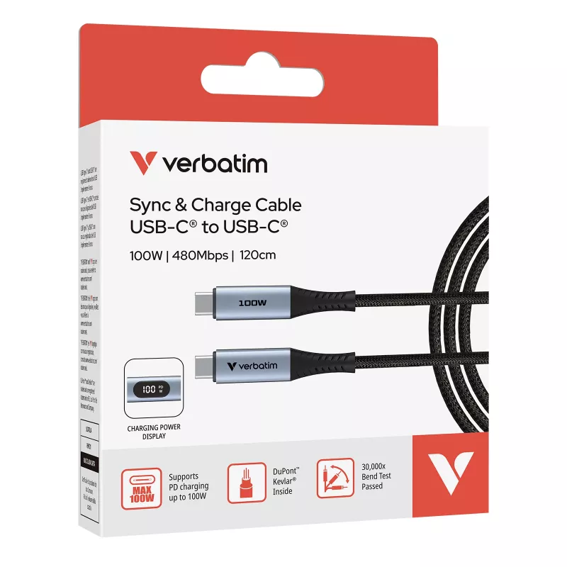 Verbatim Sync & Charge USB C uz USB C 100W displejs 120 cm, 1,2 m, USB C, USB C, USB 2.0, 0,48 Gbit/s, melns