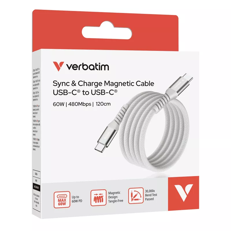 Verbatim Sync & Charge Magnetic kabelis - 60W USB-C to USB-C 120 cm Pelēks