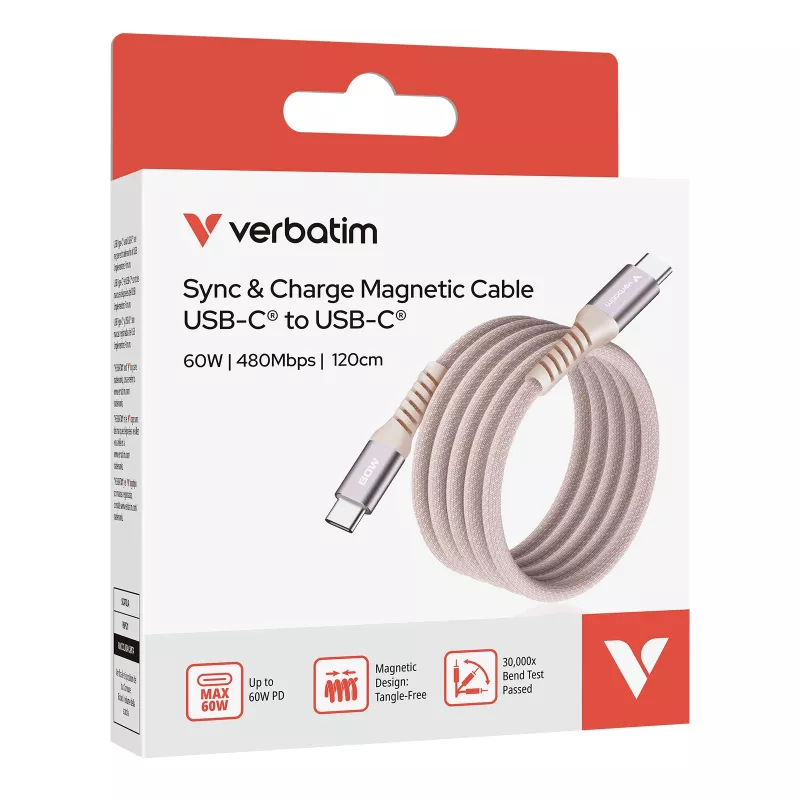 Verbatim Sync & Charge Magnetic kabelis - 60W USB-C to USB-C 120 cm rozā