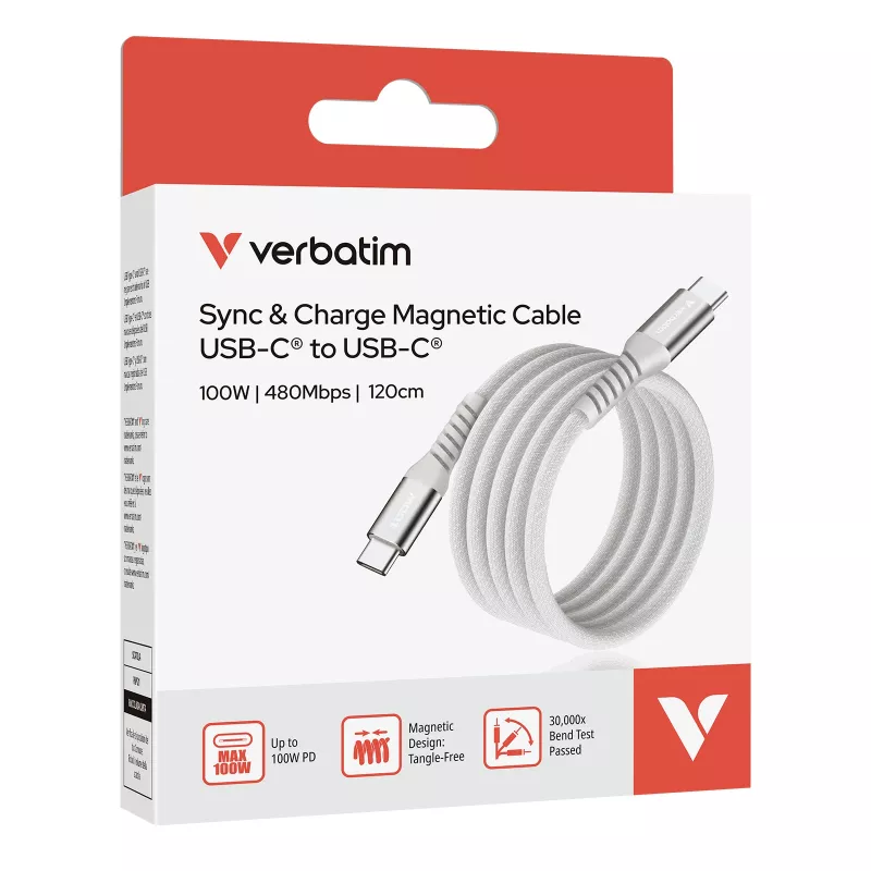 Verbatim Sync & Charge magnētiskais kabelis - 100W USB-C uz USB-C 120 cm pelēks
