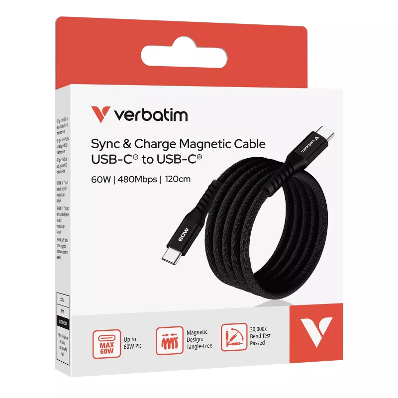 Verbatim Sync & Charge Magnetic kabelis - 60W USB-C uz USB-C 120 cm melns