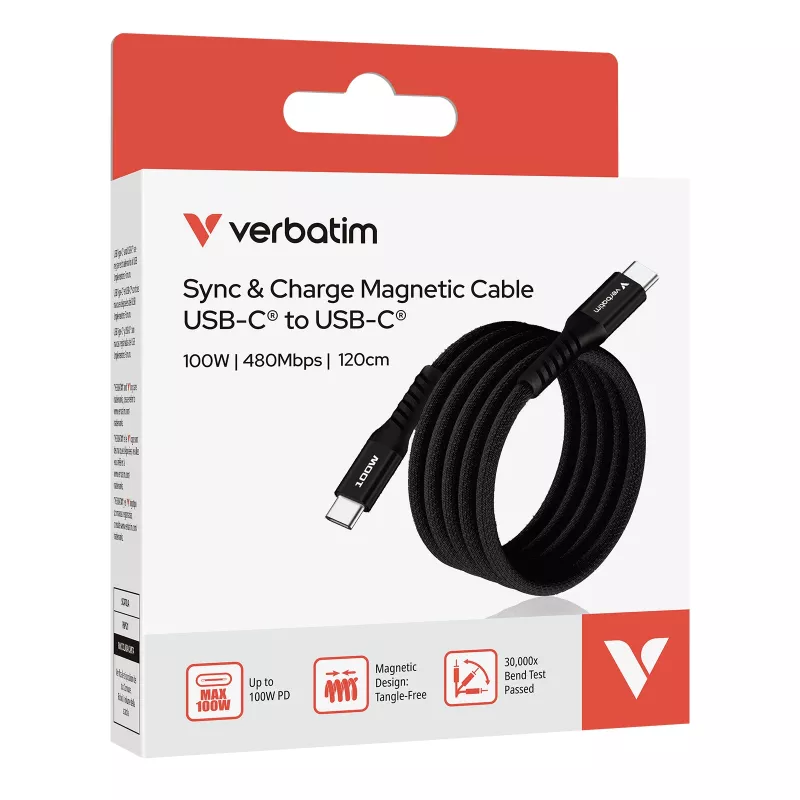 Verbatim Sync & Charge Magnetic kabelis - 100W USB-C to USB-C 120 cm Melns