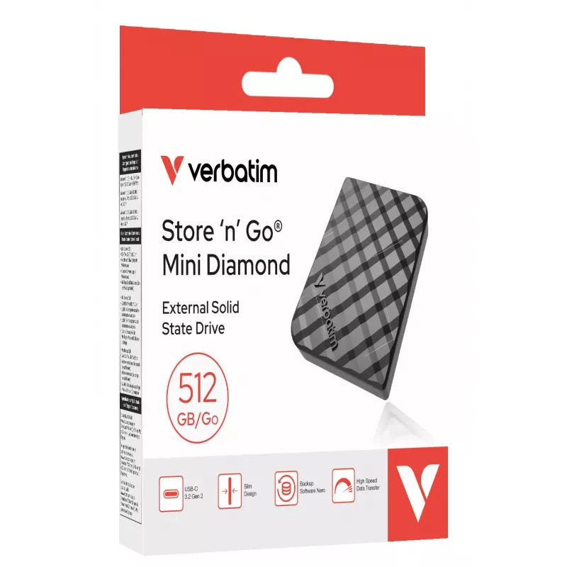 Verbatim Store 'n' Go Mini Diamond USB-C 512GB melns, 512 GB, M.2, USB Type-C, 3.2 Gen 2 (3.1 Gen 2), 1000 MB/s, melns