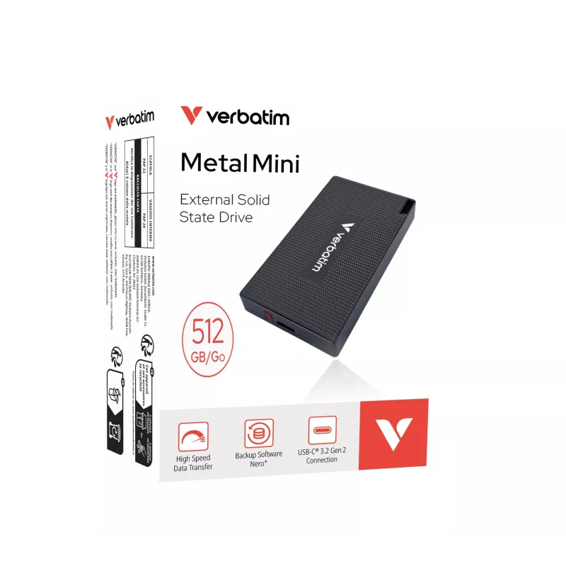 Verbatim Metal Mini SSD USB-C 3.Gen 2 512 GB, 512 GB, USB Type-C, USB 3.2 Gen 2x2, 2000 MB/s, 10 Gbit/s, Pelēks
