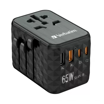 Verbatim UTA-05 65W GaN III universālais ceļojumu adapteris ar 2 x USB-C PD & QC 4+ un 2 x USB-A portiem