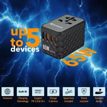 Verbatim UTA-05 65W GaN III universālais ceļojumu adapteris ar 2 x USB-C PD & QC 4+ un 2 x USB-A portiem