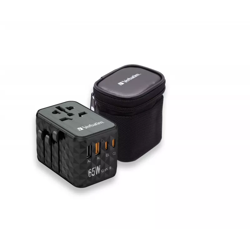 Verbatim UTA-05 65W GaN III universālais ceļojumu adapteris ar 2 x USB-C PD & QC 4+ un 2 x USB-A portiem