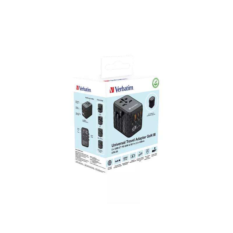 Verbatim UTA-05 65W GaN III universālais ceļojumu adapteris ar 2 x USB-C PD & QC 4+ un 2 x USB-A portiem