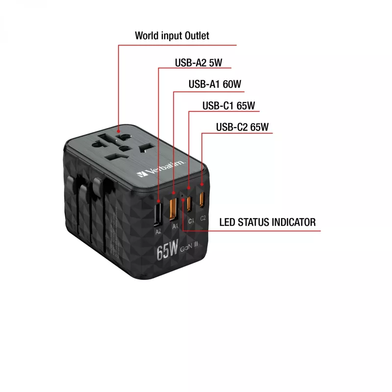 Verbatim UTA-05 65W GaN III universālais ceļojumu adapteris ar 2 x USB-C PD & QC 4+ un 2 x USB-A portiem