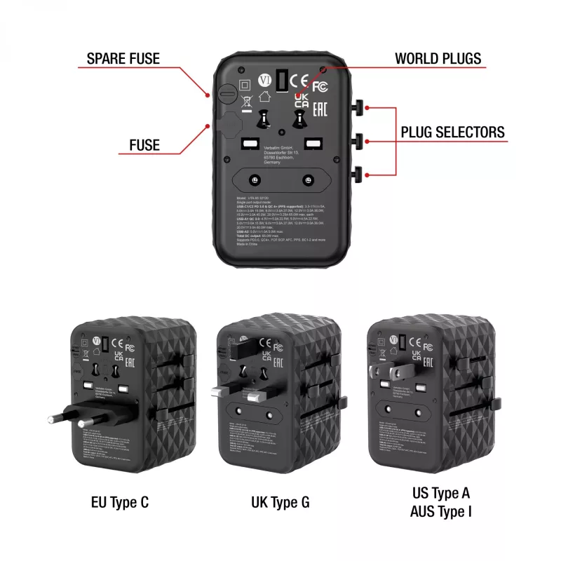 Verbatim UTA-05 65W GaN III universālais ceļojumu adapteris ar 2 x USB-C PD & QC 4+ un 2 x USB-A portiem