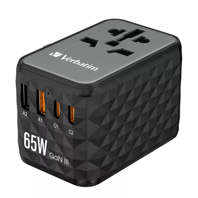 Verbatim UTA-05 65W GaN III universālais ceļojumu adapteris ar 2 x USB-C PD & QC 4+ un 2 x USB-A portiem