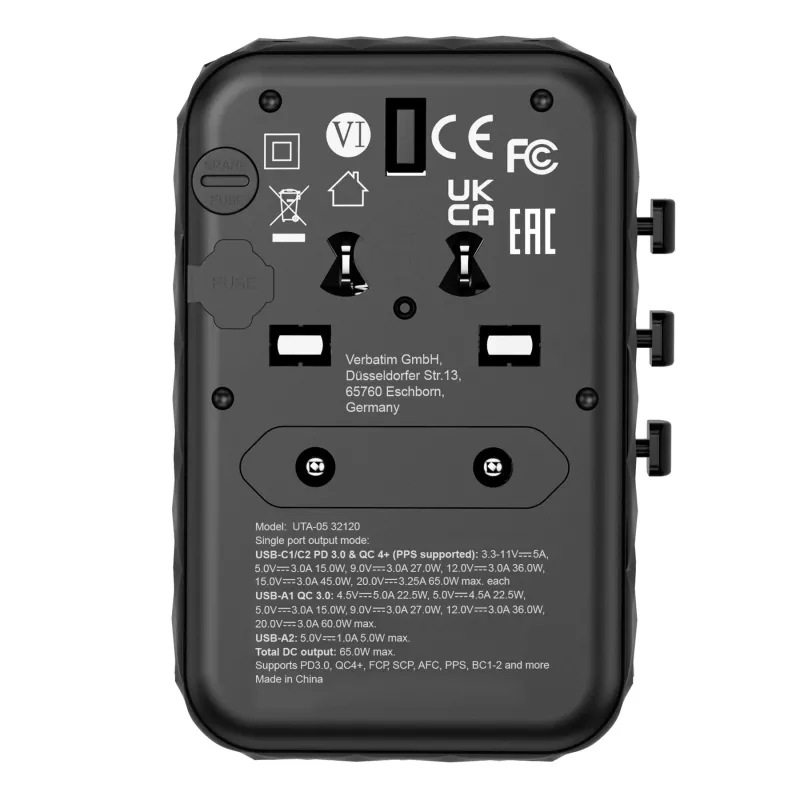Verbatim UTA-05 65W GaN III universālais ceļojumu adapteris ar 2 x USB-C PD & QC 4+ un 2 x USB-A portiem