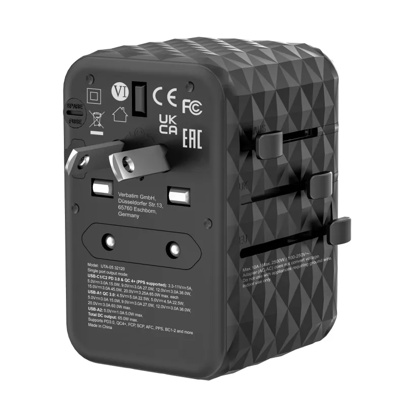 Verbatim UTA-05 65W GaN III universālais ceļojumu adapteris ar 2 x USB-C PD & QC 4+ un 2 x USB-A portiem