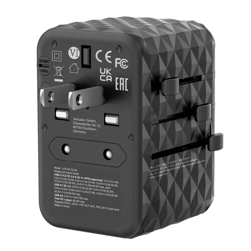 Verbatim UTA-05 65W GaN III universālais ceļojumu adapteris ar 2 x USB-C PD & QC 4+ un 2 x USB-A portiem