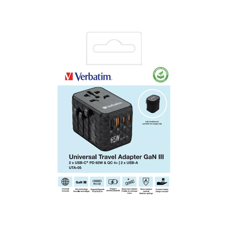 Verbatim UTA-05 65W GaN III universālais ceļojumu adapteris ar 2 x USB-C PD & QC 4+ un 2 x USB-A portiem