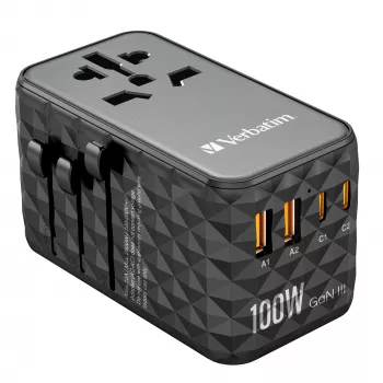 Verbatim UTA-06 100W GaN III universāls ceļojumu adapteris ar 2 x USB-C PD & QC 4+ un 2 x USB-A QC 3.0 portiem