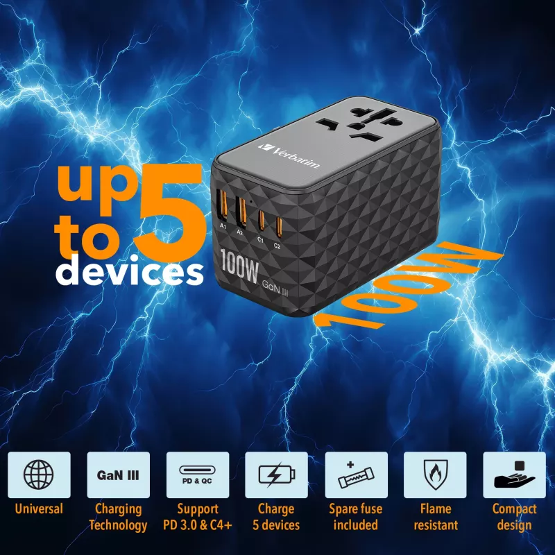 Verbatim UTA-06 100W GaN III universāls ceļojumu adapteris ar 2 x USB-C PD & QC 4+ un 2 x USB-A QC 3.0 portiem