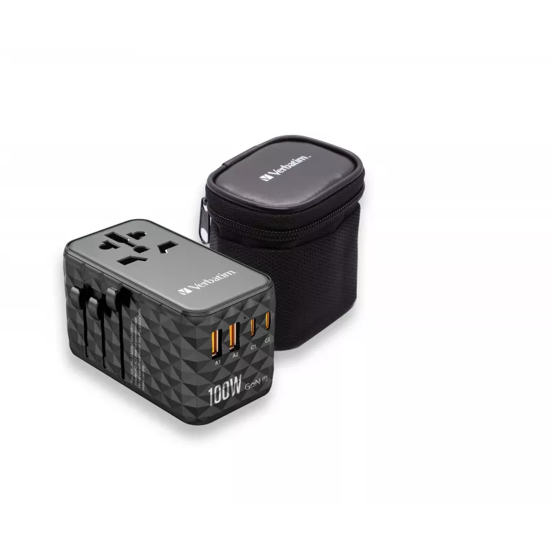 Verbatim UTA-06 100W GaN III universāls ceļojumu adapteris ar 2 x USB-C PD & QC 4+ un 2 x USB-A QC 3.0 portiem