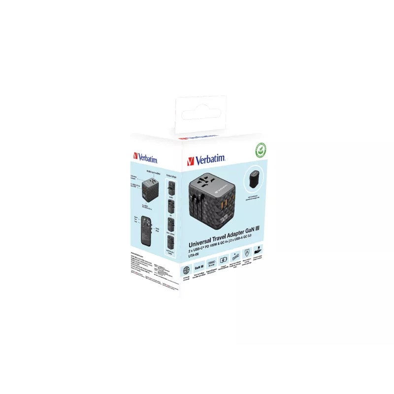 Verbatim UTA-06 100W GaN III universāls ceļojumu adapteris ar 2 x USB-C PD & QC 4+ un 2 x USB-A QC 3.0 portiem
