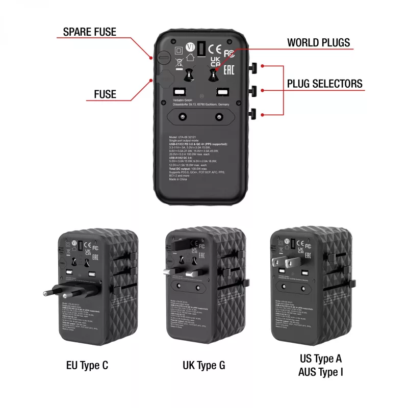 Verbatim UTA-06 100W GaN III universāls ceļojumu adapteris ar 2 x USB-C PD & QC 4+ un 2 x USB-A QC 3.0 portiem