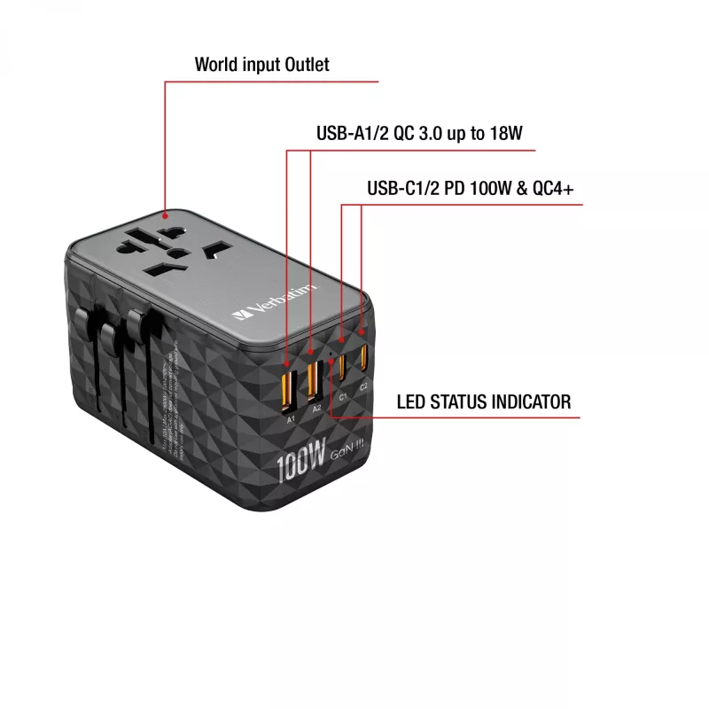 Verbatim UTA-06 100W GaN III universāls ceļojumu adapteris ar 2 x USB-C PD & QC 4+ un 2 x USB-A QC 3.0 portiem