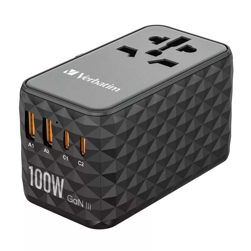 Verbatim UTA-06 100W GaN III universāls ceļojumu adapteris ar 2 x USB-C PD & QC 4+ un 2 x USB-A QC 3.0 portiem