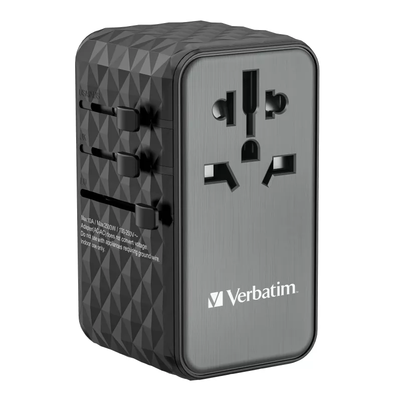 Verbatim UTA-06 100W GaN III universāls ceļojumu adapteris ar 2 x USB-C PD & QC 4+ un 2 x USB-A QC 3.0 portiem