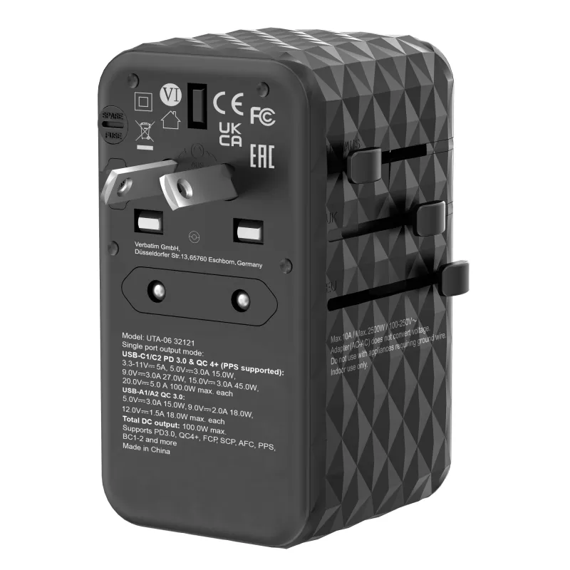 Verbatim UTA-06 100W GaN III universāls ceļojumu adapteris ar 2 x USB-C PD & QC 4+ un 2 x USB-A QC 3.0 portiem